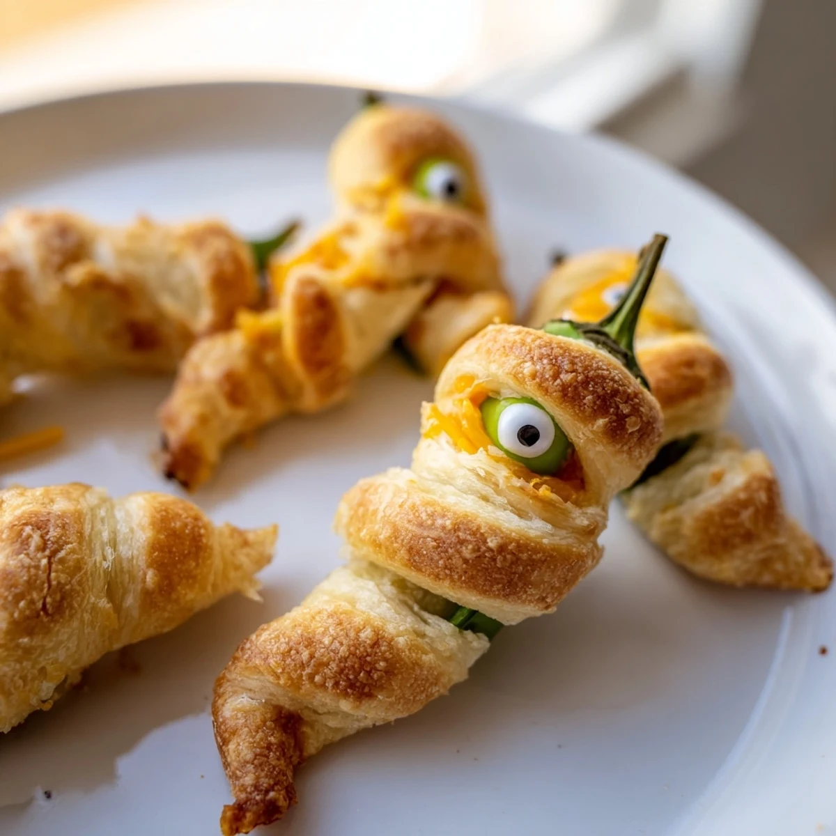 Mummy Jalapeno Poppers with golden crescent dough bandages and candy eyes on a rustic tray