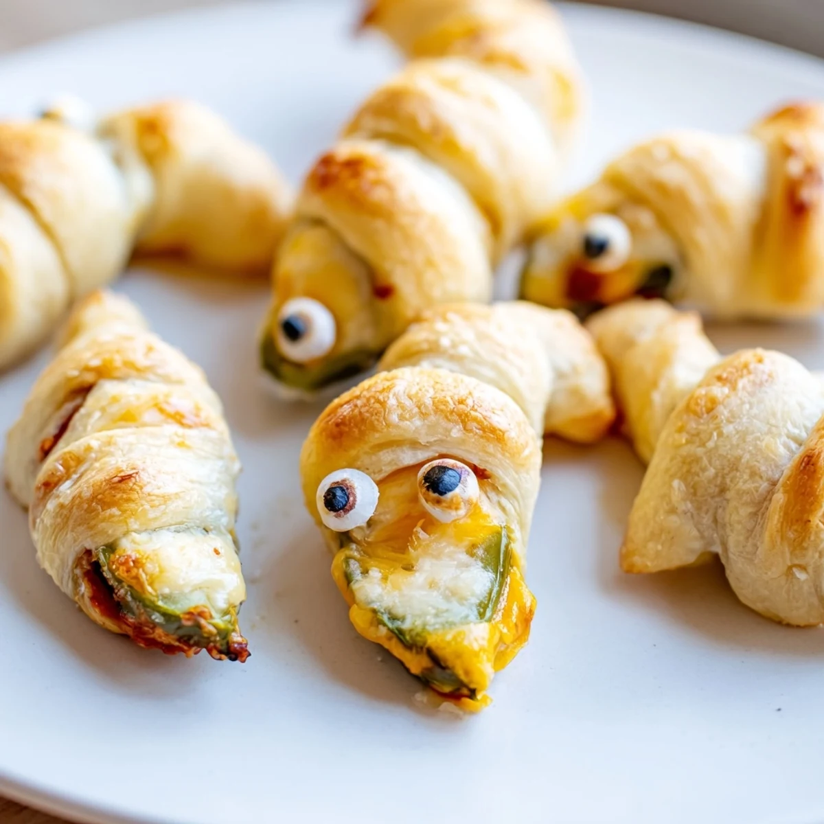 Crispy baked Mummy Jalapeno Poppers oozing with creamy cheddar filling served warm alongside dipping sauce