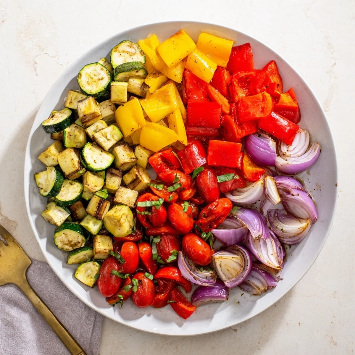 Golden caramelized classic Mediterranean roasted vegetables served warm on a rustic platter