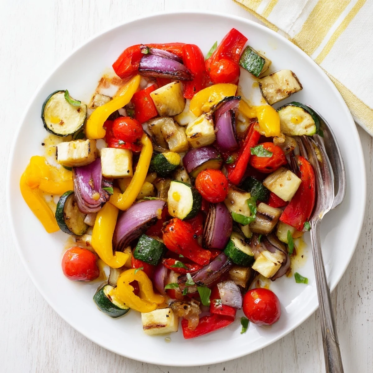 Colorful classic Mediterranean roasted vegetables fresh from the oven with fragrant herbs