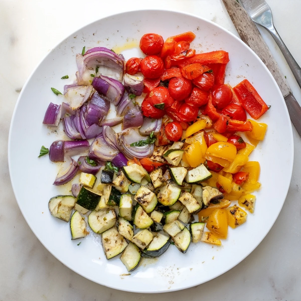 Tender classic Mediterranean roasted vegetables garnished with basil alongside cherry tomato halves