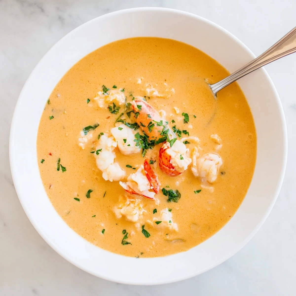Steamy bowl of creamy crab and shrimp bisque garnished with fresh parsley