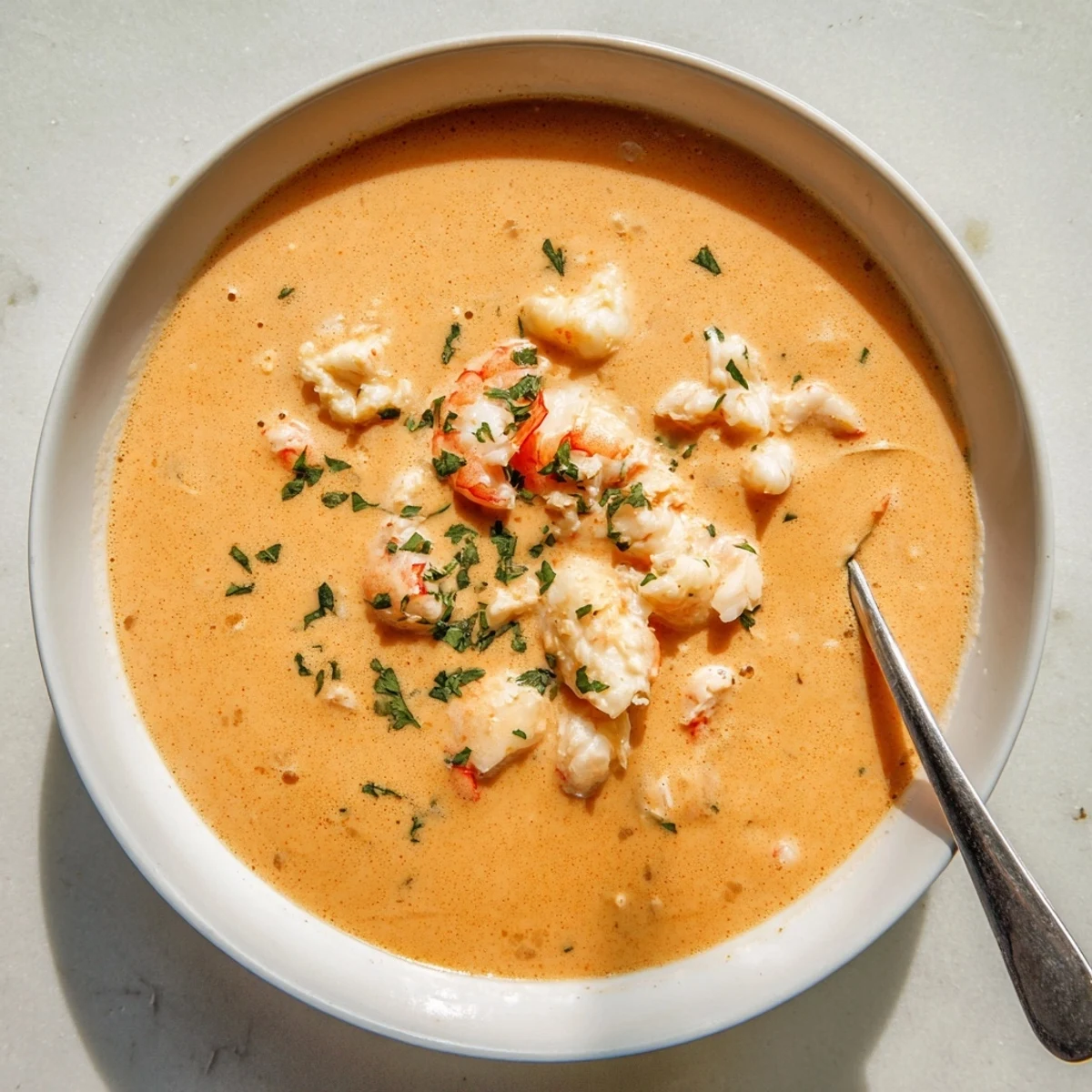 Golden creamy crab and shrimp bisque ladled into a rustic soup bowl