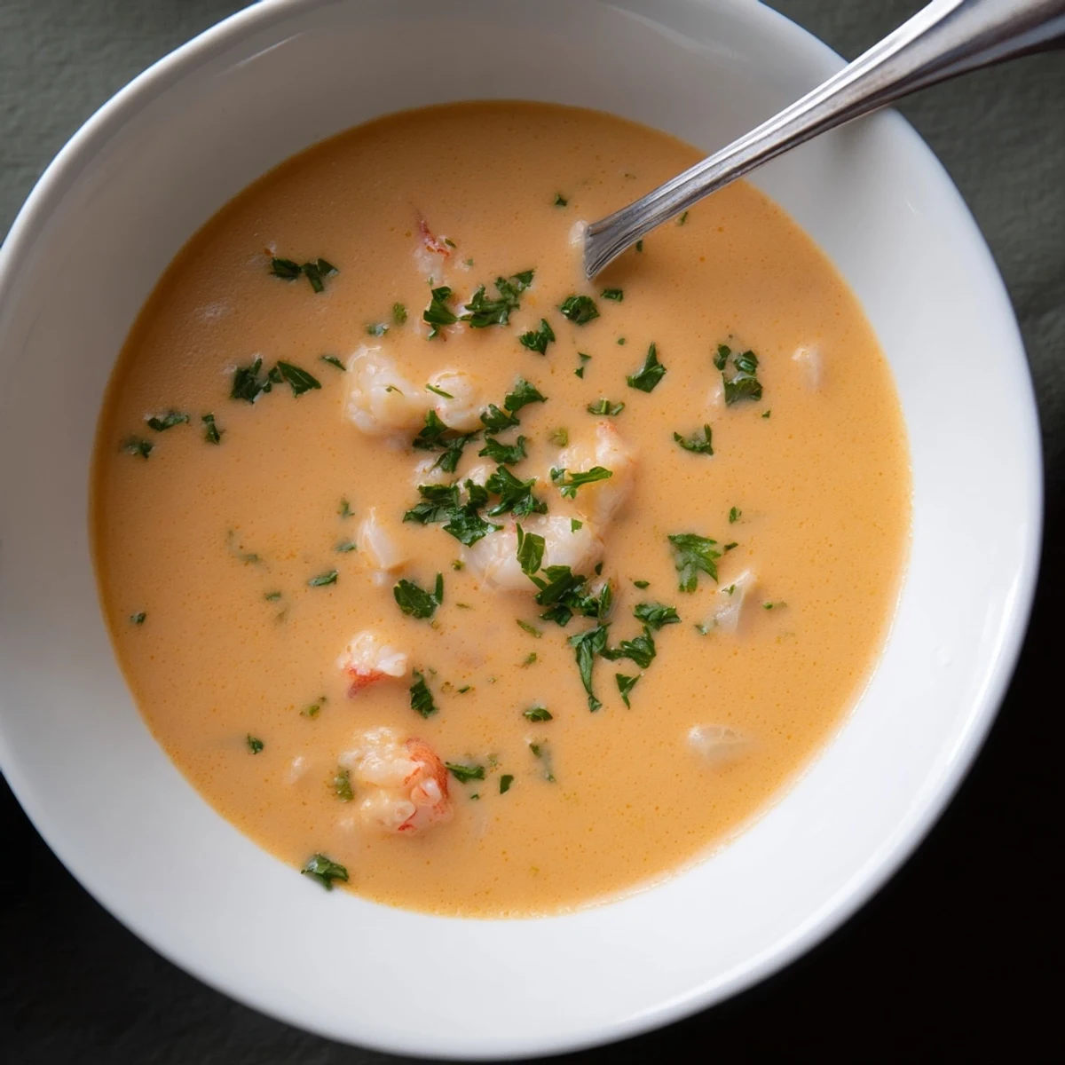 Velvety creamy crab and shrimp bisque swirled with cream and served warm