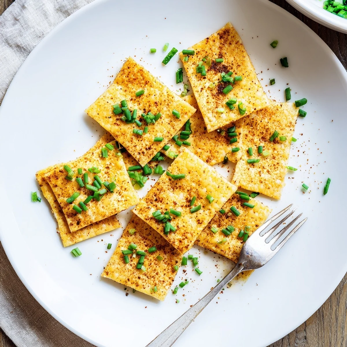 Crispy cheddar chive squares with paprika flecks served on a wooden board