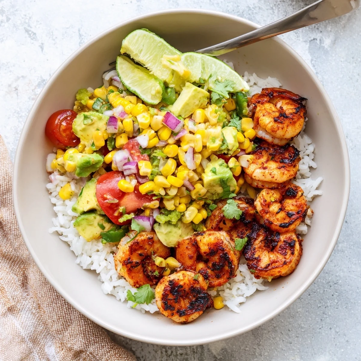 Charred grilled shrimp bowl with avocado corn salsa over fluffy rice