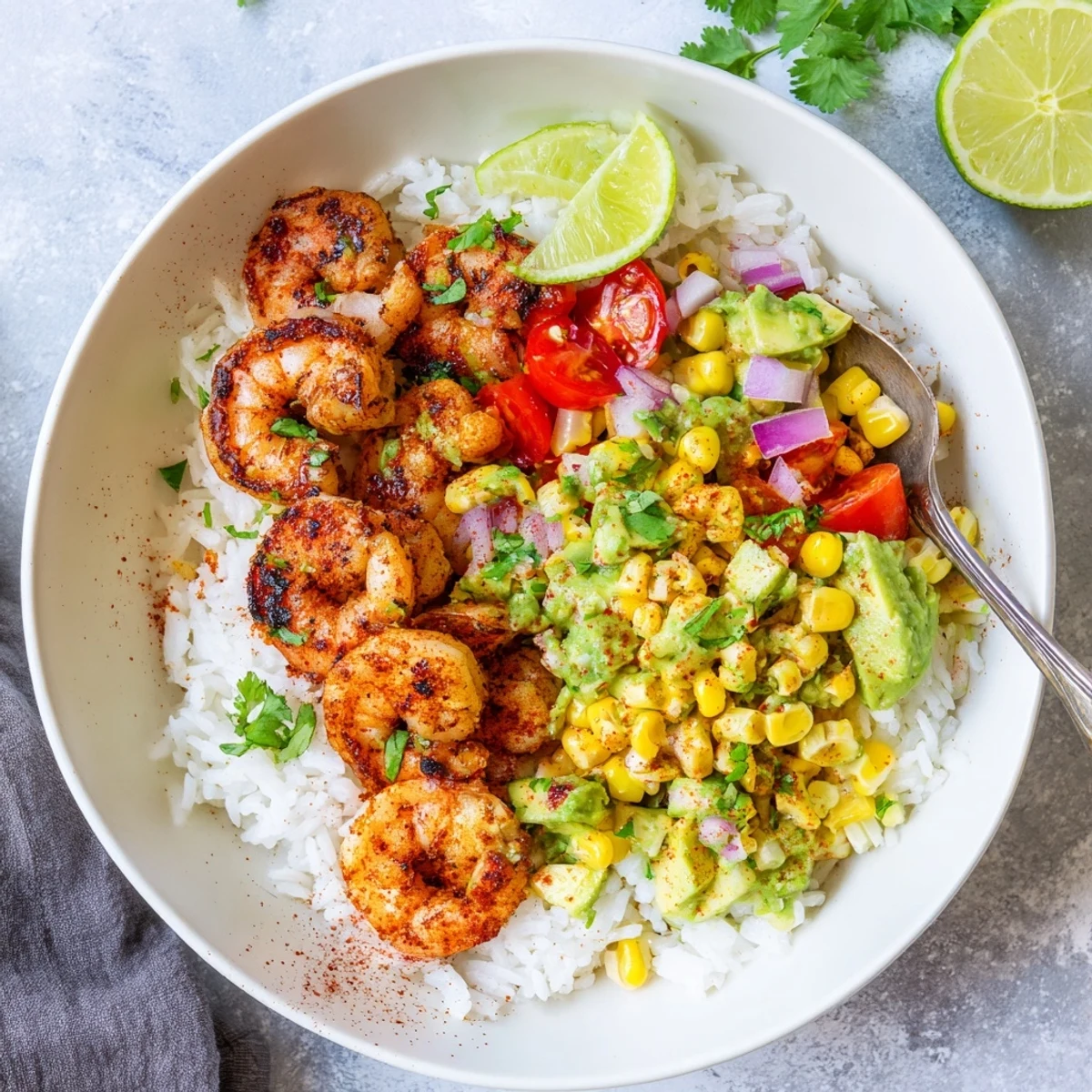 Smoky grilled shrimp bowl with fresh avocado corn salsa garnished with cilantro