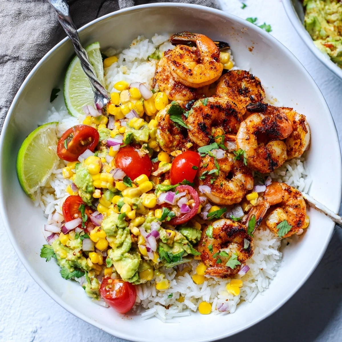 Sizzling grilled shrimp bowl topped with bright avocado corn salsa and lime