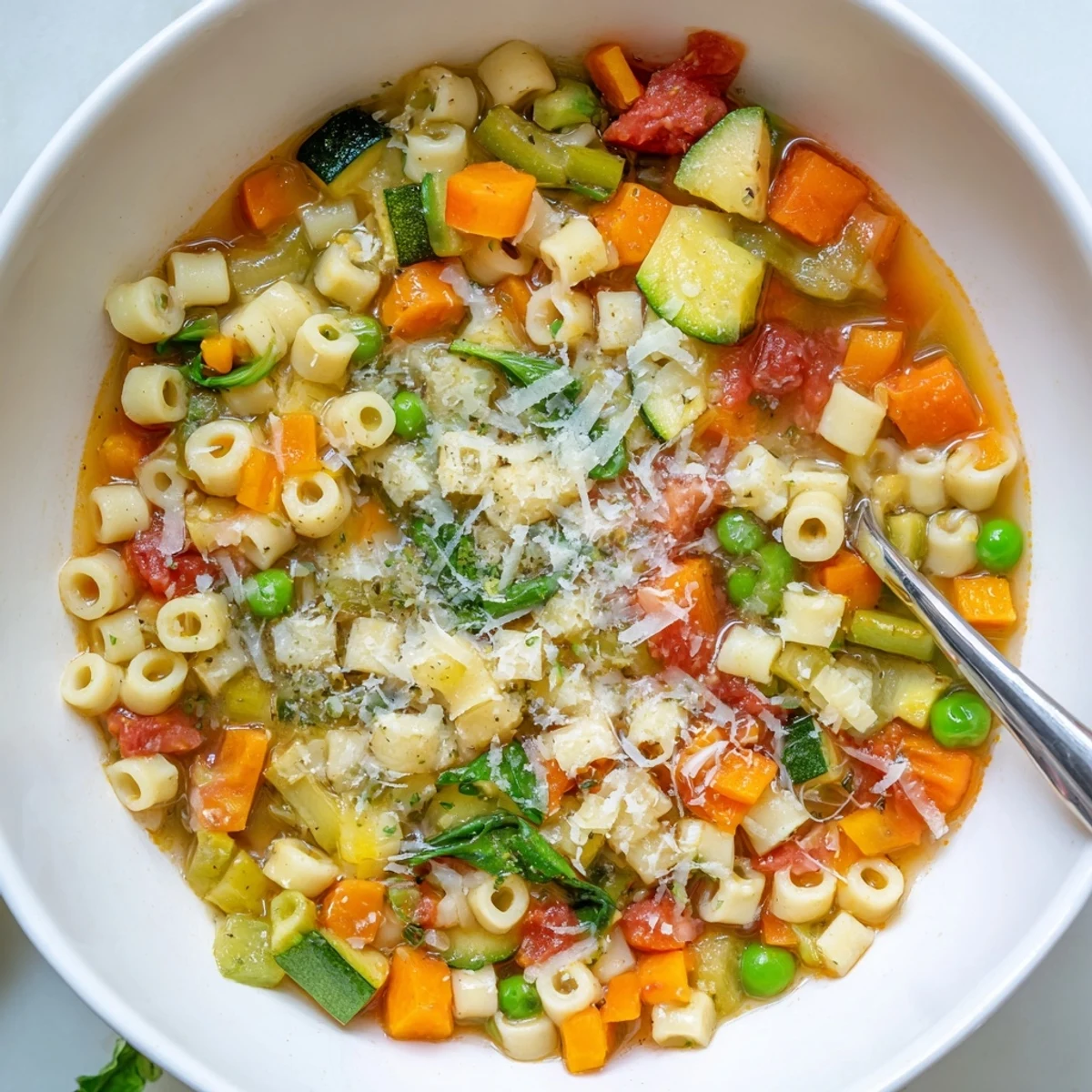 Spring Minestrone Soup Recipe steaming in bowl with vibrant vegetables and basil