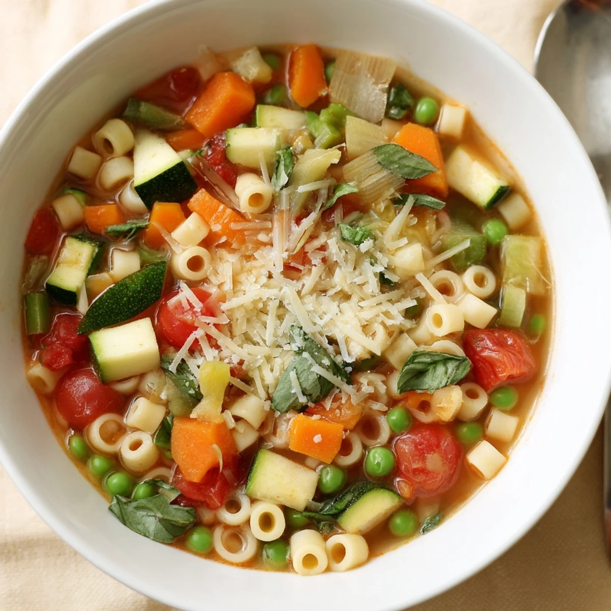 Bright Spring Minestrone Soup Recipe overflowing with tender pasta, sweet peas, tomatoes