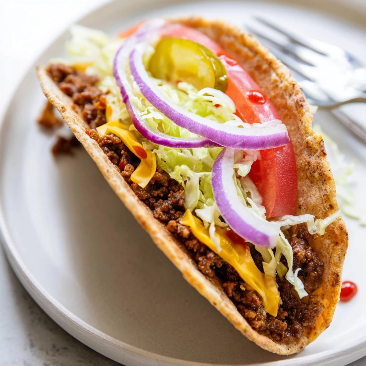 Crispy edges of beef, pickles and sauce spilling from Smash Burger Tacos Recipe