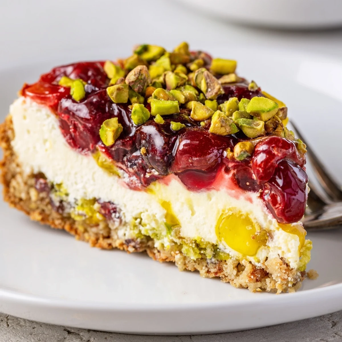 Slice of Lemon Lime Cherry Pistachio Cheesecake topped with glossy cherry compote  