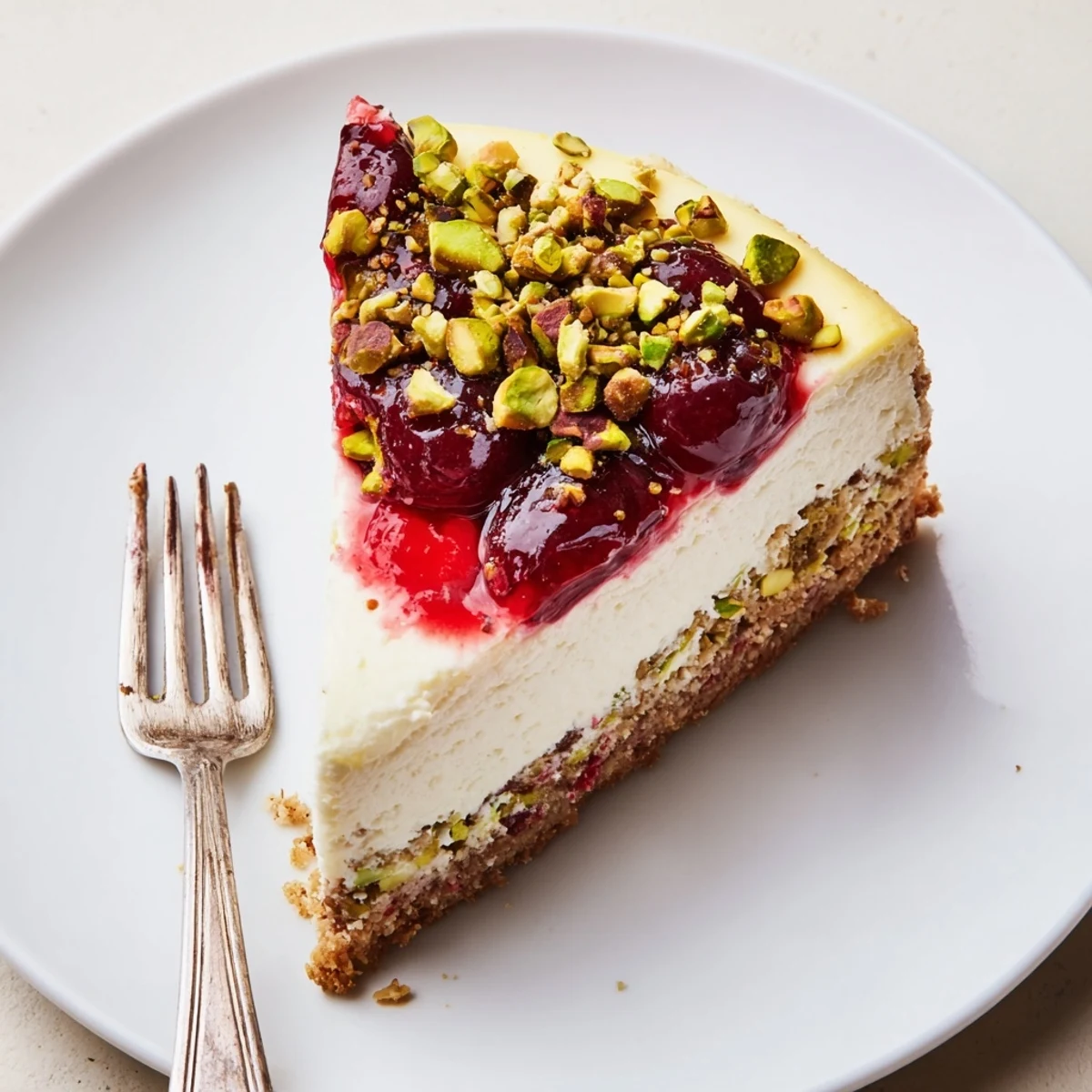Close up of chilled Lemon Lime Cherry Pistachio Cheesecake slice, citrusy aroma implied
