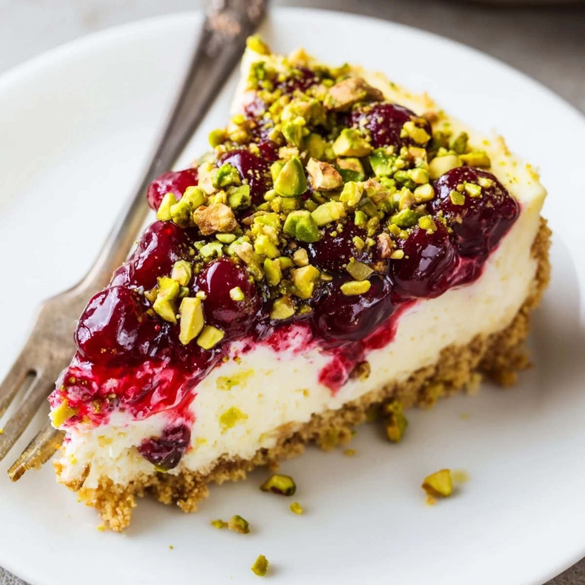 Lemon Lime Cherry Pistachio Cheesecake on a plate, pistachio crunch visible  
