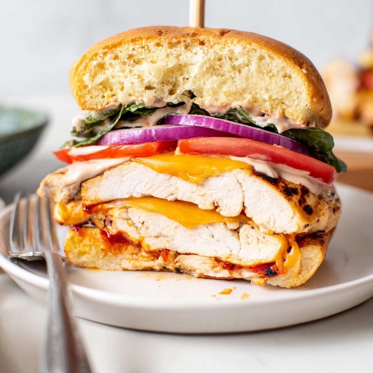 Grilled Spicy Chicken Sandwich With Creamy Sauce on toasted bun, melty cheddar