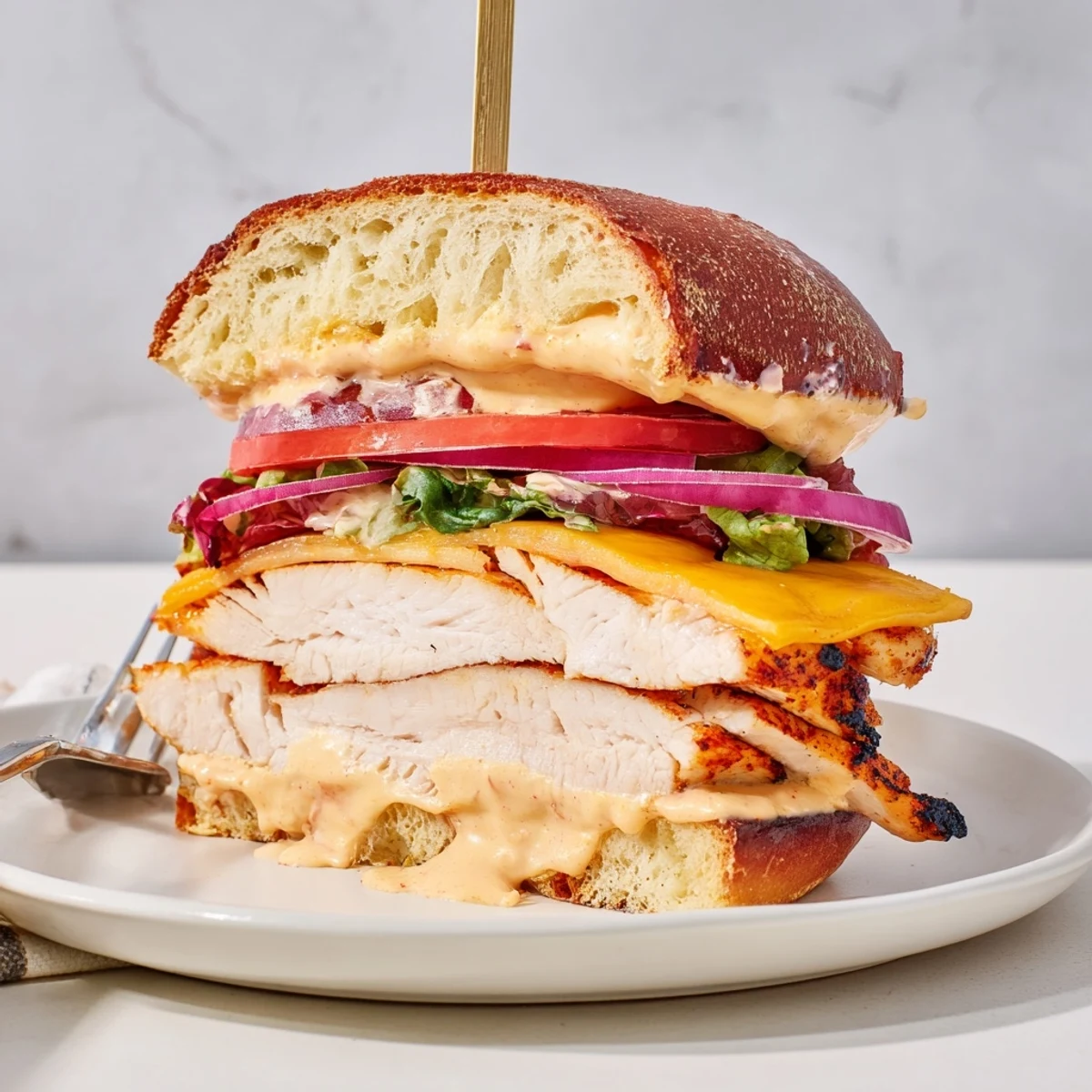 Close-up of Spicy Chicken Sandwich With Creamy Sauce resting beside sweet potato fries
