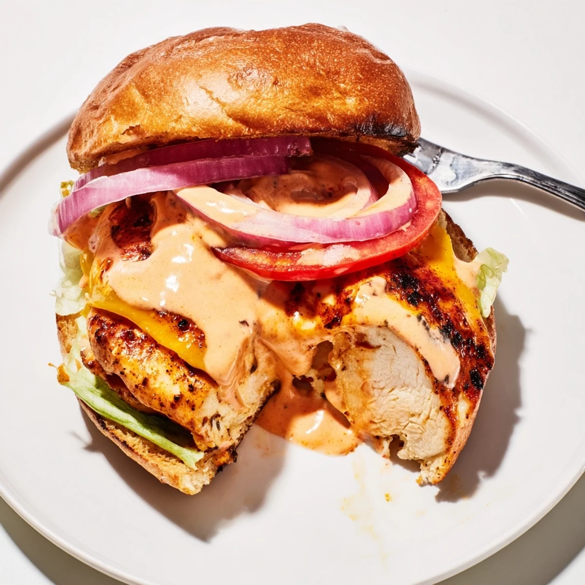 Crisp lettuce and tomato top Spicy Chicken Sandwich With Creamy Sauce, tangy bite