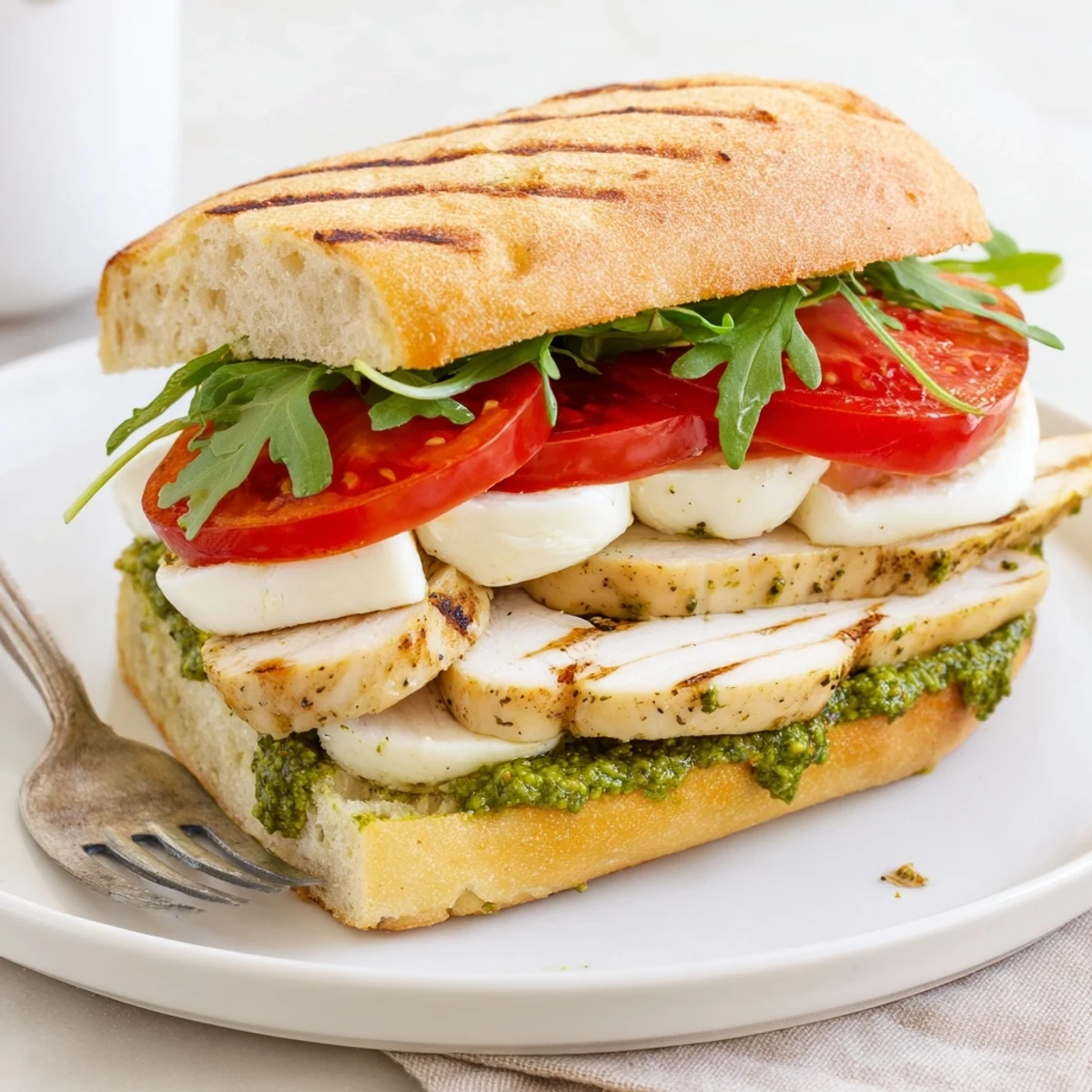 Chicken Pesto Sandwich Recipe with grilled chicken, melting mozzarella, and fresh tomatoes