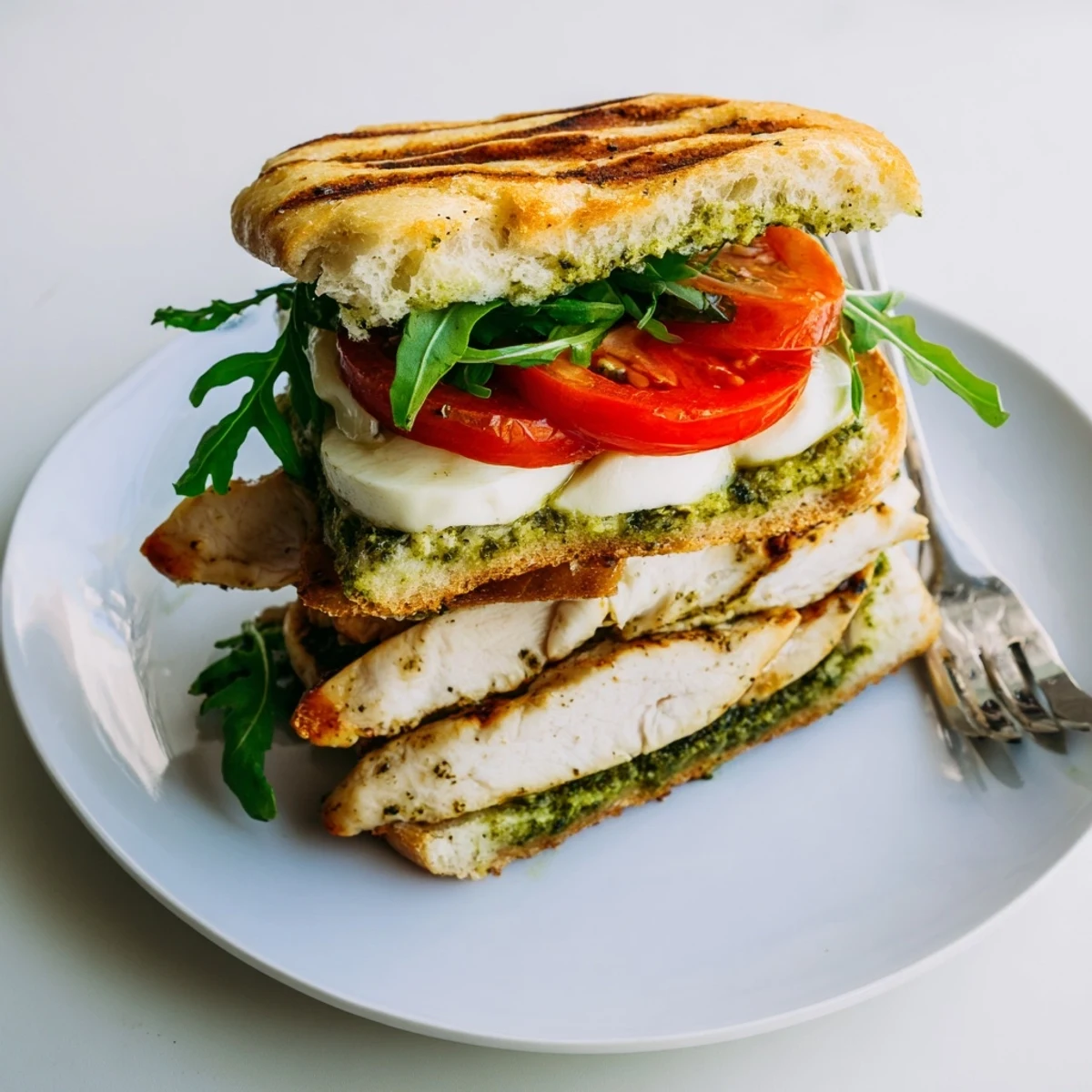 Simple Chicken Pesto Sandwich Recipe layered with basil pesto, juicy chicken, creamy mozzarella