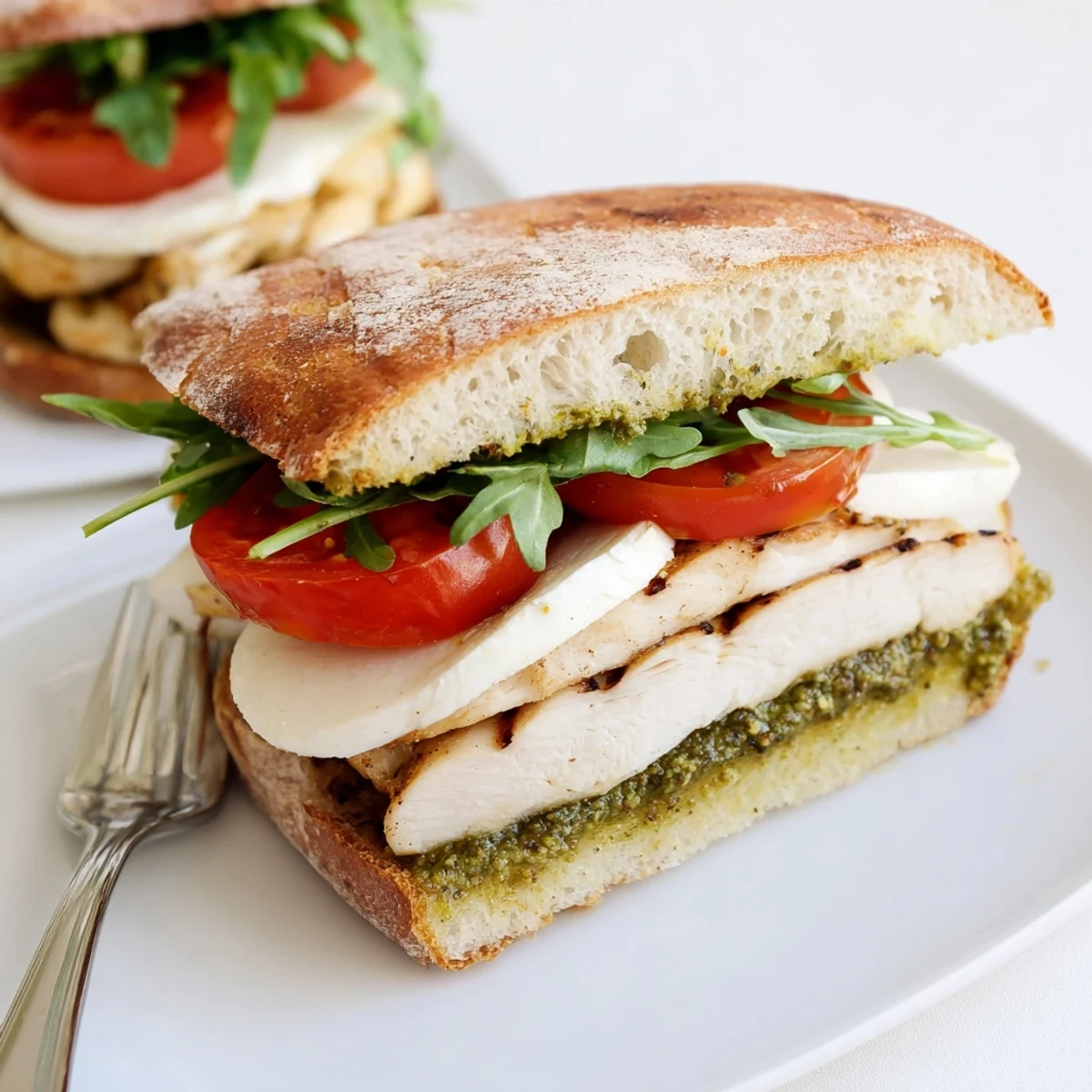 Warm Chicken Pesto Sandwich Recipe served on toasted ciabatta with peppery arugula