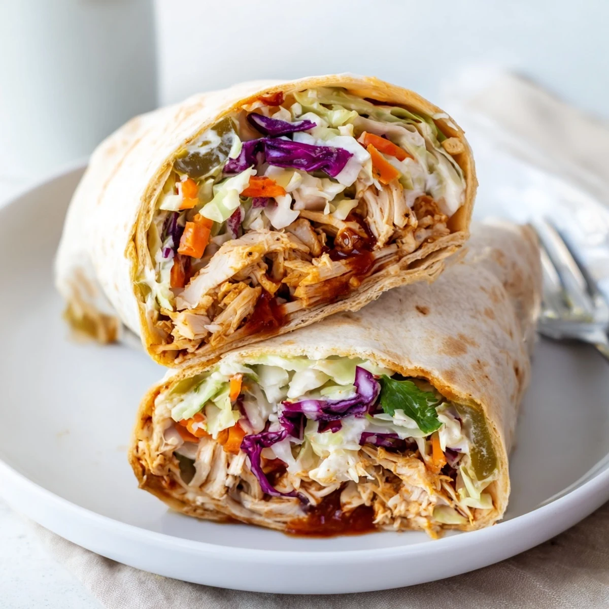 Warm Bbq Chicken Coleslaw Wraps served with pickled jalapenos and lime wedge  