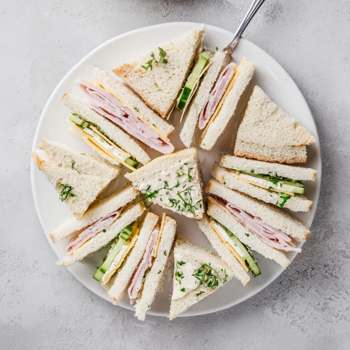 Mini Sandwiches arranged on a platter, soft bread, crisp cucumber slices