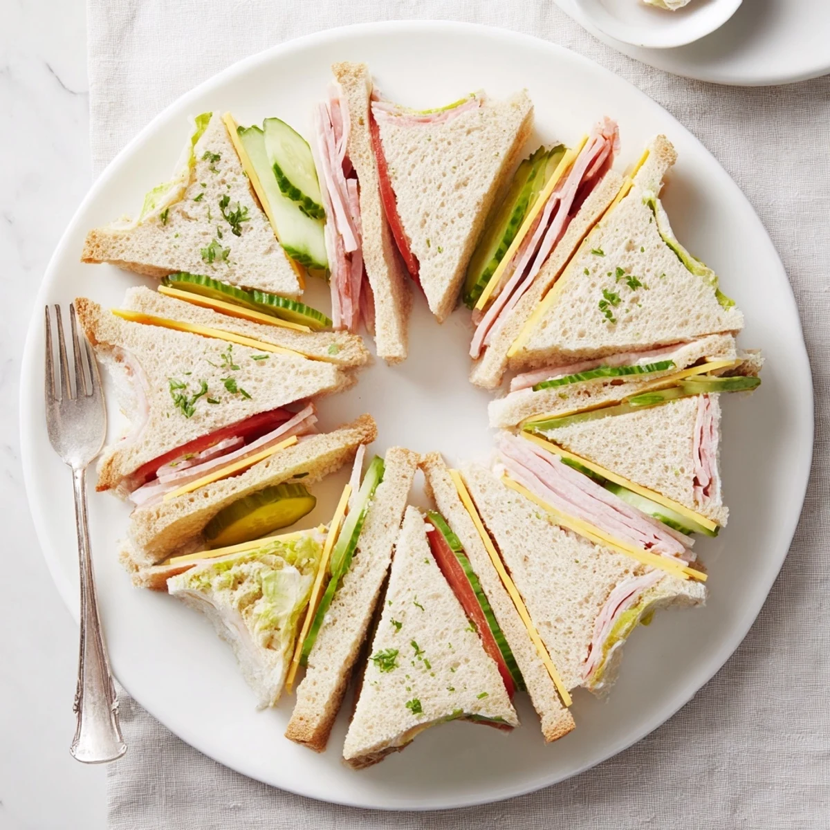 Tray of Mini Sandwiches ready to serve, creamy spread, tangy pickles
