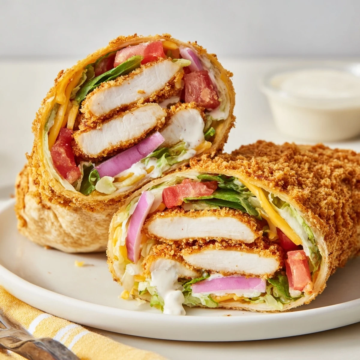 Halved tortilla reveals Crispy Chicken Ranch Wrap filling, crunchy, creamy, inviting.