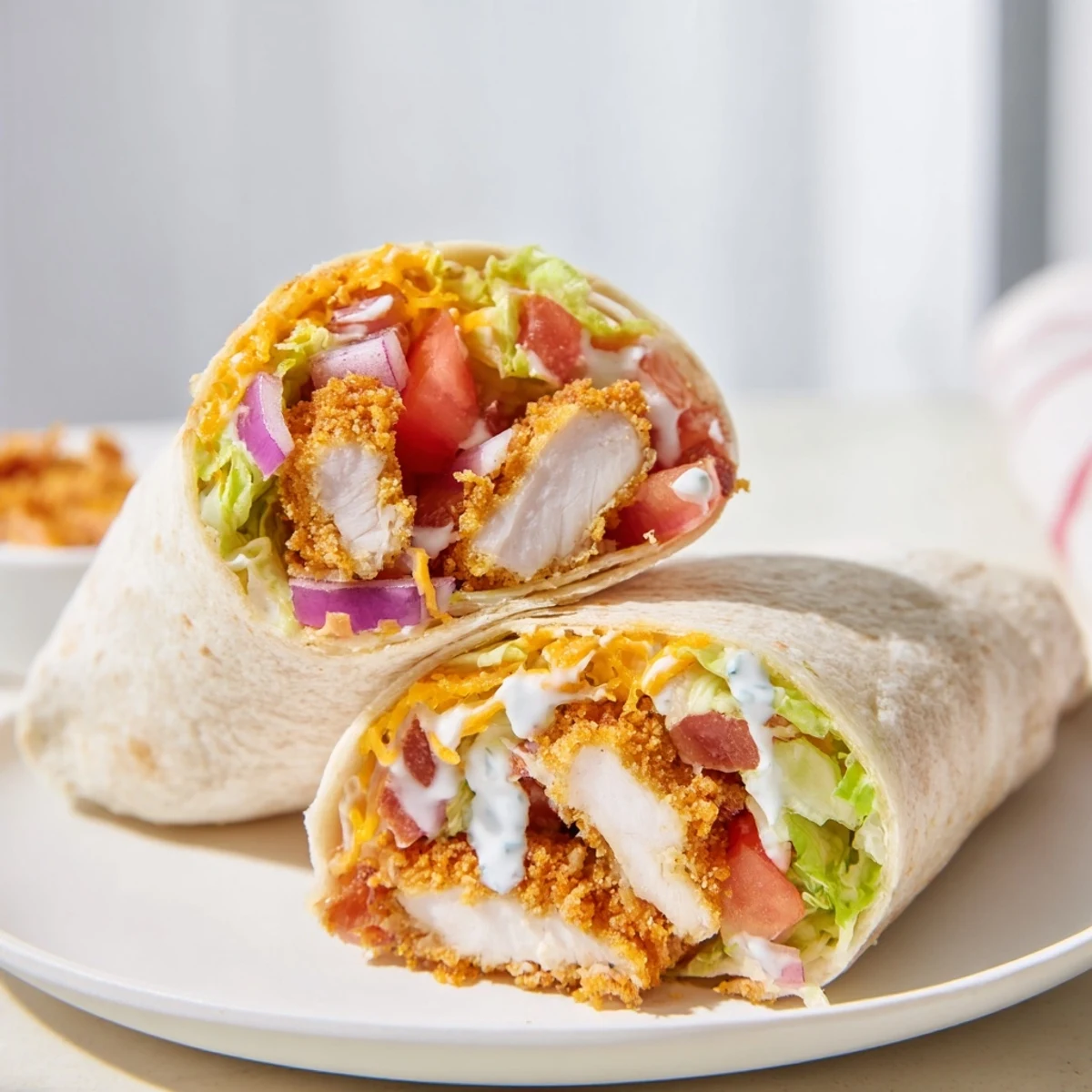 Crispy Chicken Ranch Wrap sliced diagonally, steam rising, ready for picnic.
