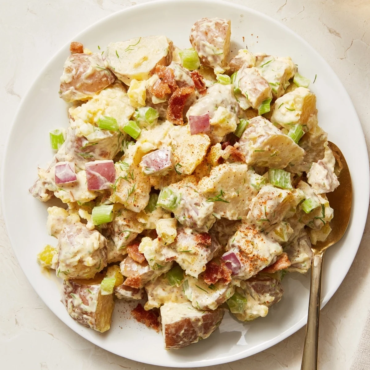 Creamy Steakhouse Potato Salad with crispy bacon, tangy pickles, chilled side