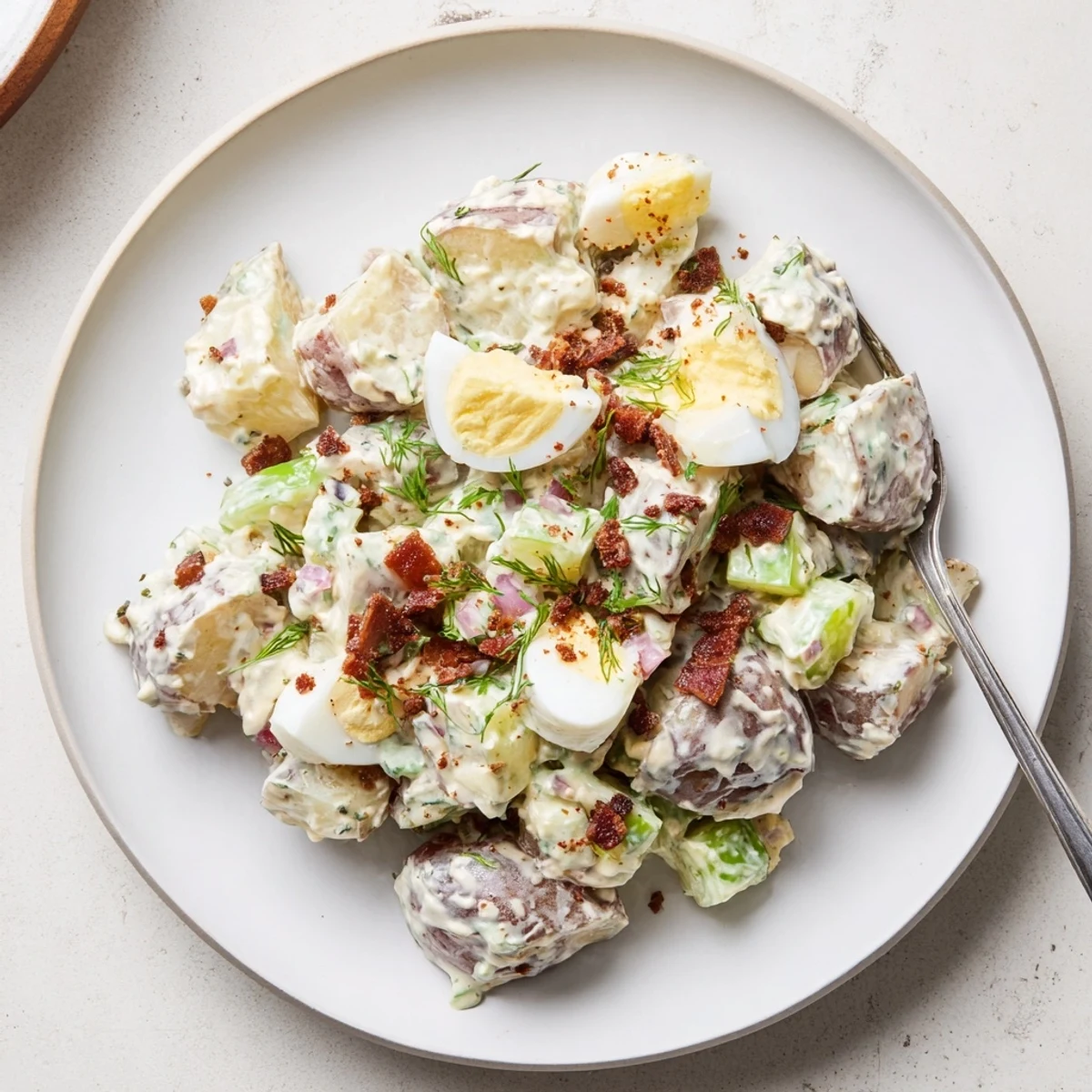 Fork-tender potatoes in Steakhouse Potato Salad, creamy, tangy, sprinkled with chives