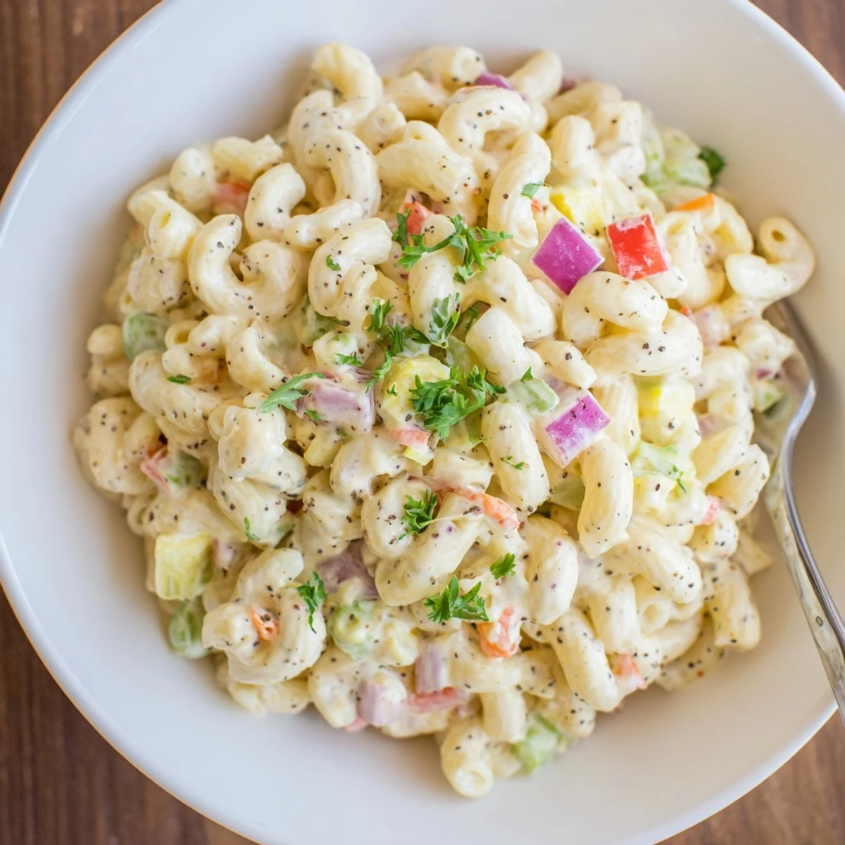 A chilled bowl of macaroni salad tossed in tangy Dijon dressing.