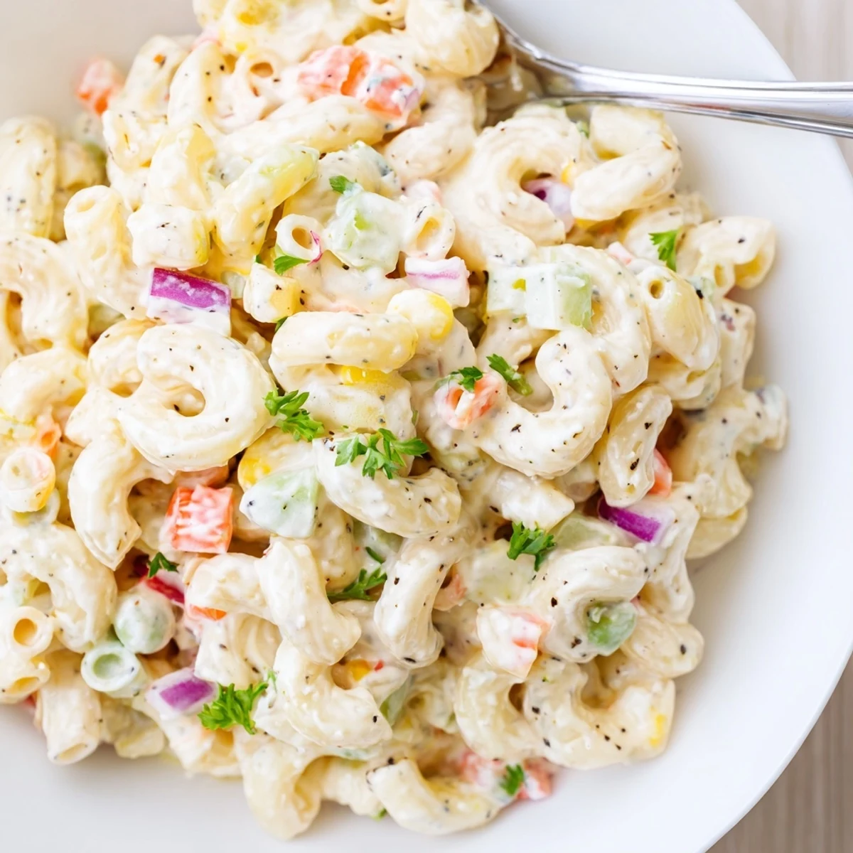 Bright macaroni salad garnished with parsley, carrots visible, served beside grilled chicken.