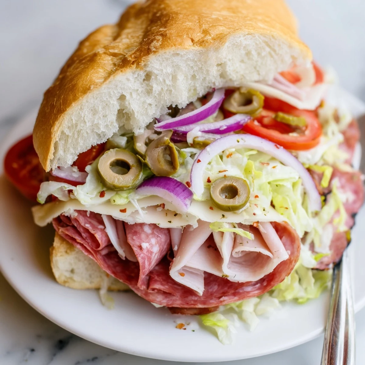 Italian Grinder Salad Sandwich piled high with meats, crisp lettuce, and tangy dressing