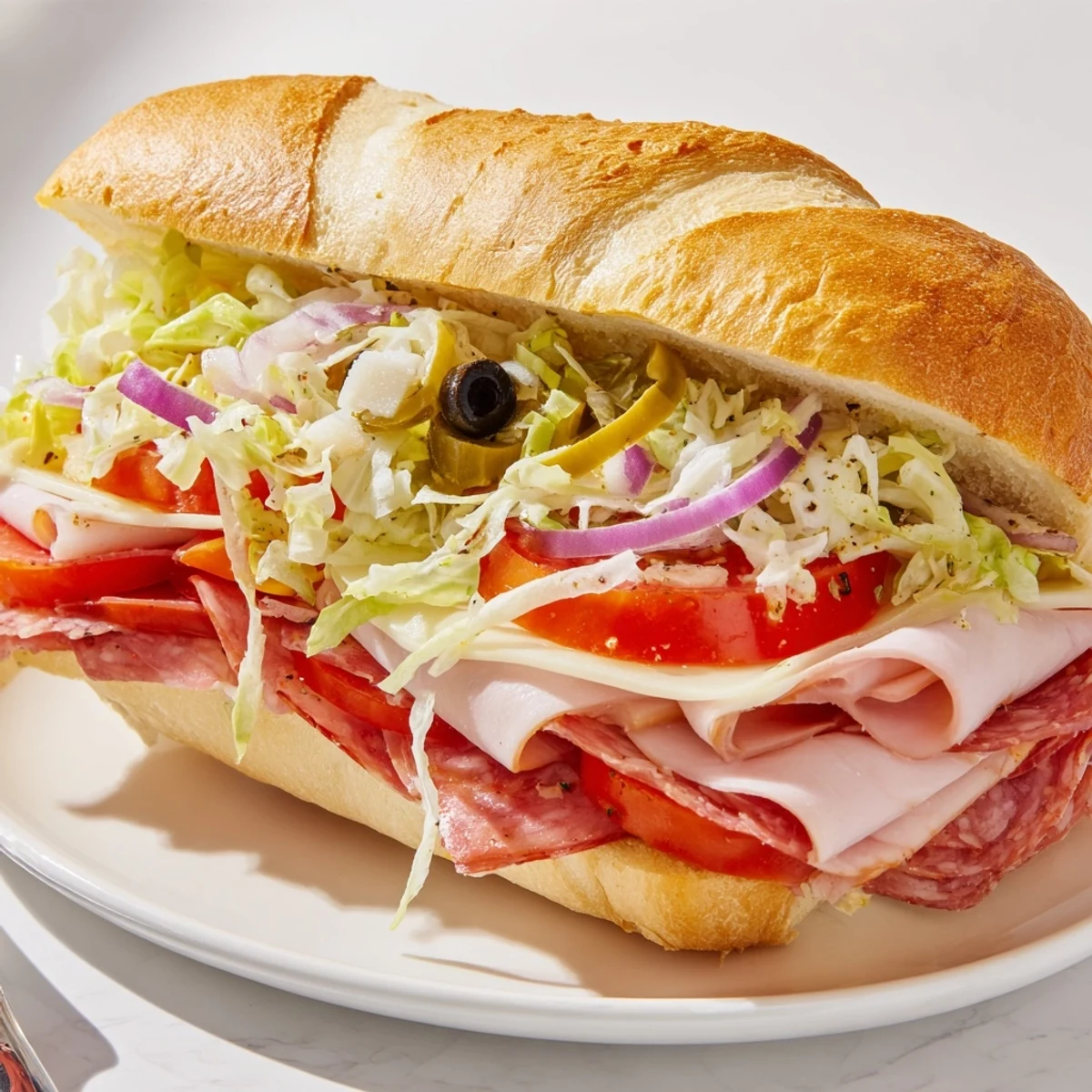 Halved Italian Grinder Salad Sandwich showing layers of provolone, salami, zesty pepperoncini