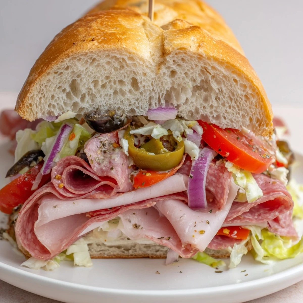 Italian Grinder Salad Sandwich on toasted hoagie roll, savory, crunchy, ready to eat