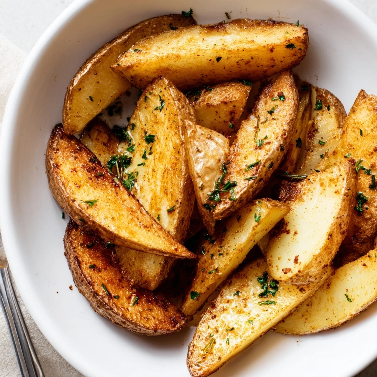 Crispy-skinned Potato Wedges on parchment, sprinkled parsley, ideal with ketchup