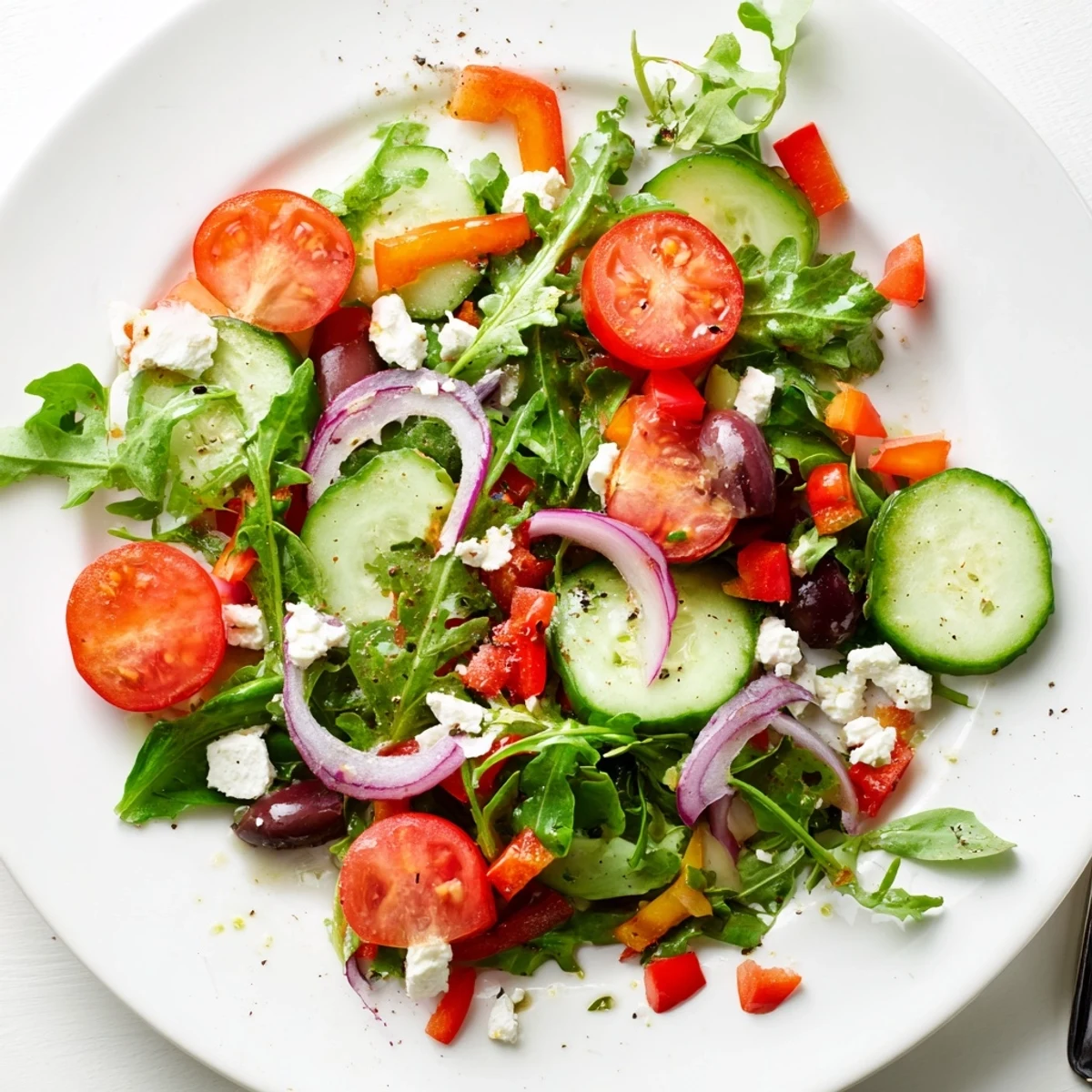 Bowl of Fresh Salad Recipe tossed in olive oil, ready to serve.
