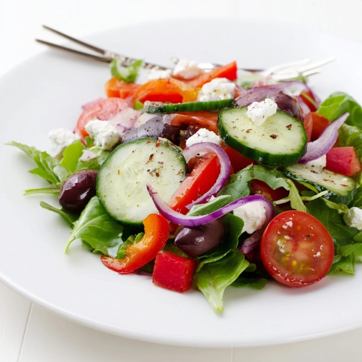 Fresh Salad Recipe layered with peppery arugula, tangy feta, crunchy bell pepper.