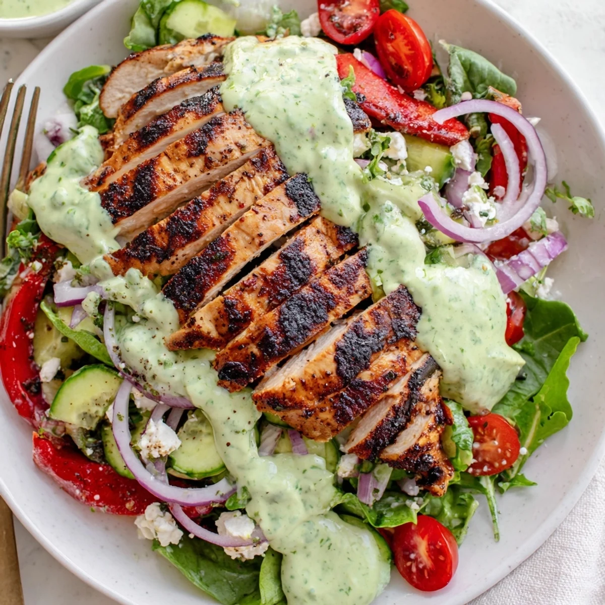 Grilled Chicken Salad Avocado Herb Dressing Recipe featuring smoky charred chicken and crisp vegetables