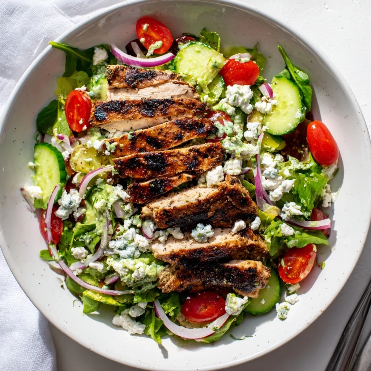 Creamy lime dressing drizzles over veggies in Grilled Chicken Salad Avocado Herb Dressing Recipe