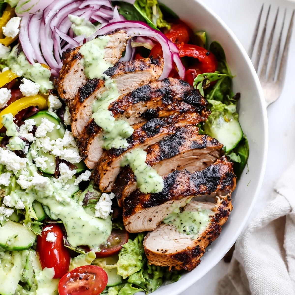 Bright summer bowl showcases Grilled Chicken Salad Avocado Herb Dressing Recipe with crisp tomatoes