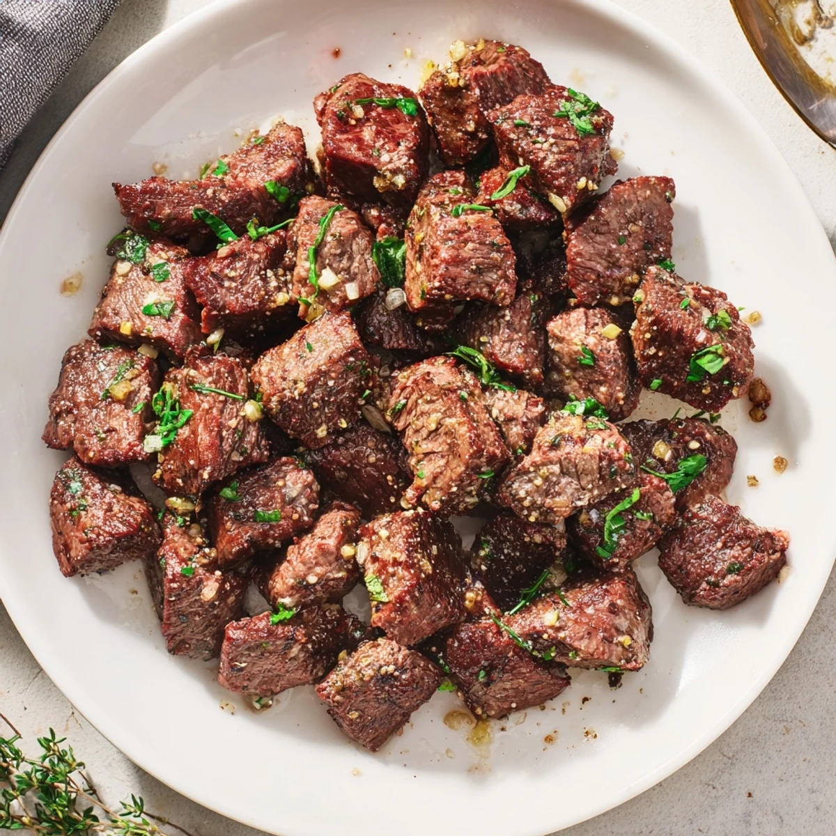 Garlic Butter Steak Bites sizzling in a cast-iron skillet, glossy garlic sauce