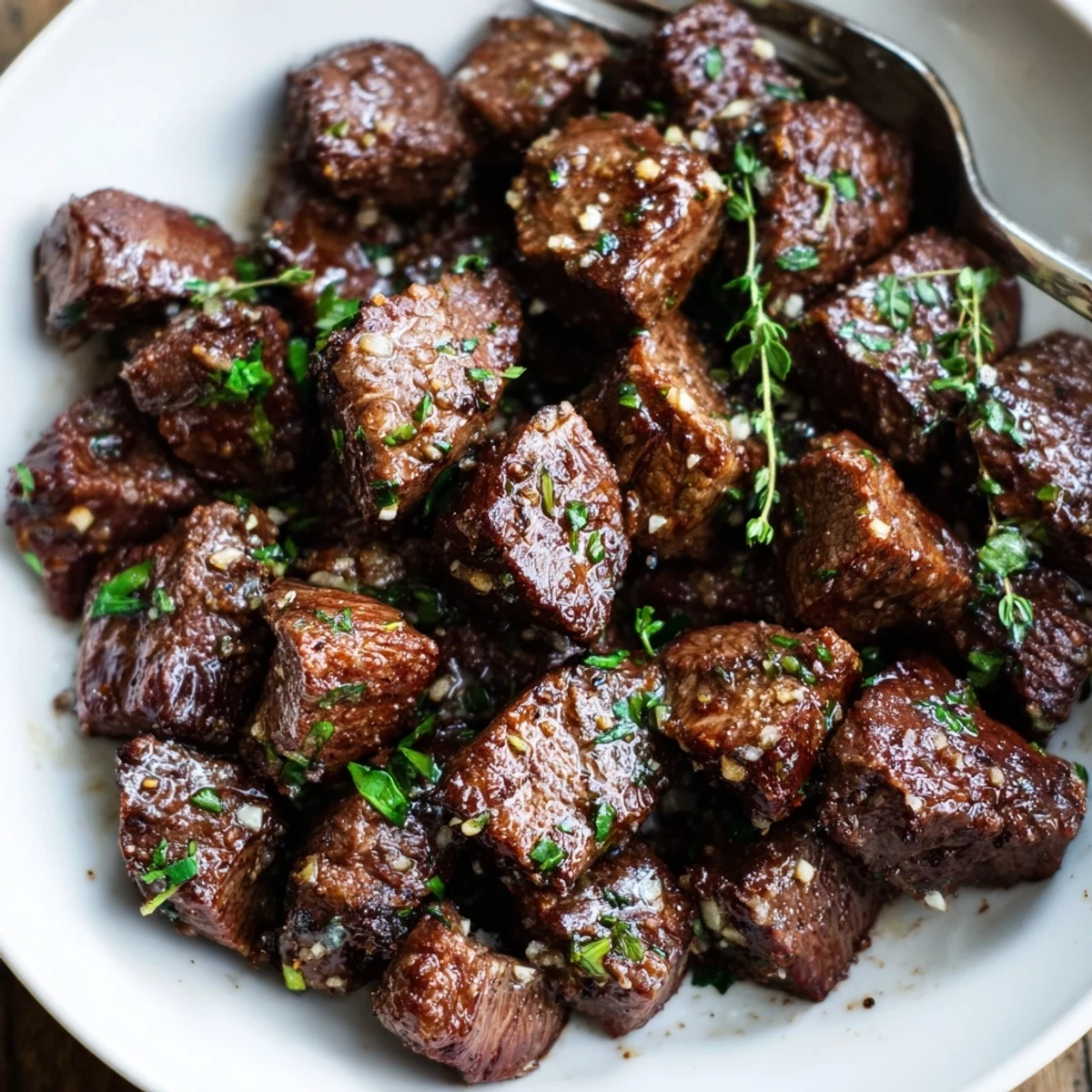 Garlic Butter Steak Bites tender, juicy cubes served with crusty bread for dipping