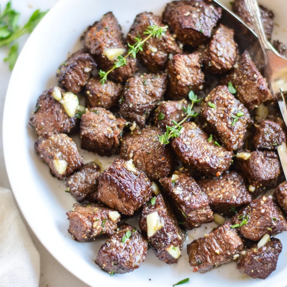 Pan-seared Garlic Butter Steak Bites piled on platter, sprinkled with parsley