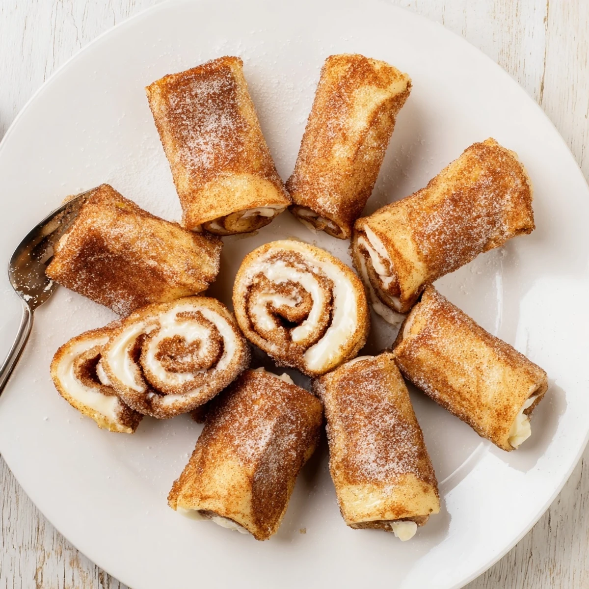 Warm Cinnamon Roll French Toast Roll Ups oozing cream cheese, sugared and skillet-fried