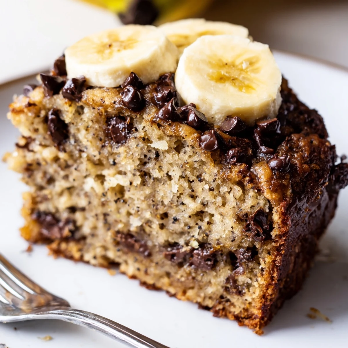 Moist Banana Chocolate Chip Cake cooling on wire rack, warm chocolate pockets