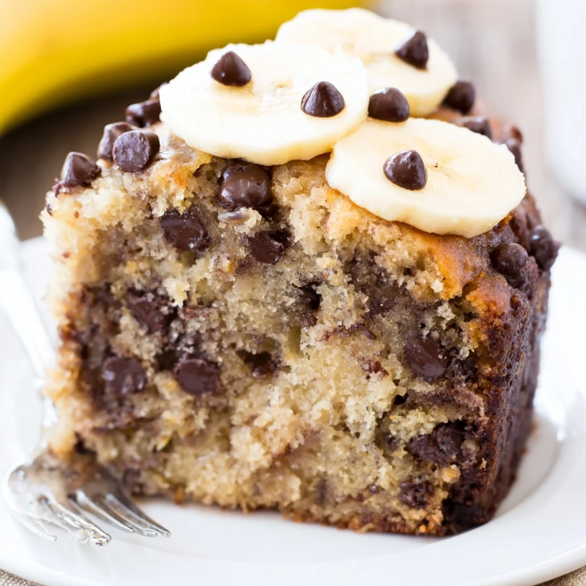 Homestyle Banana Chocolate Chip Cake crumb, ripe banana aroma, gooey chips