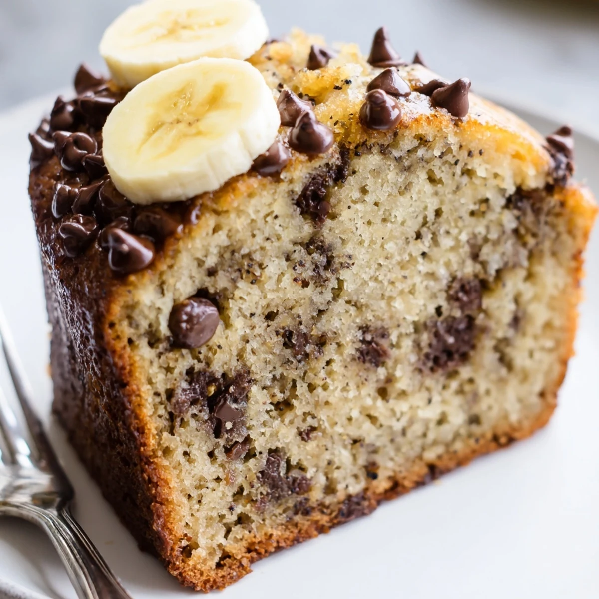 Slice of Banana Chocolate Chip Cake with melting vanilla ice cream, fork