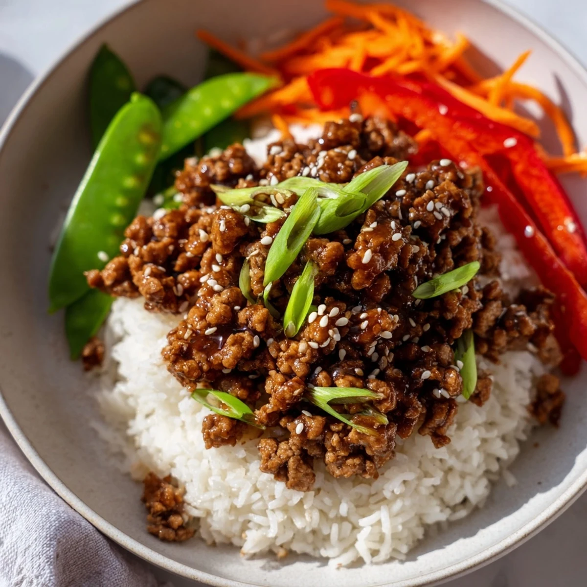 Teriyaki Turkey Rice Bowls steaming with glossy sauce, fluffy rice, crisp veggies